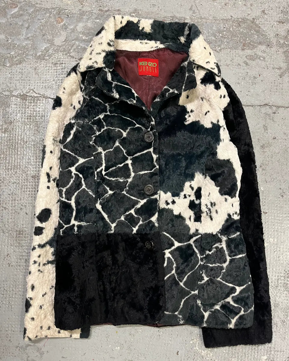1990s Kenzo Black & Cream Animal Print Faux Fur Blazer Jacket UZXNcWW 3