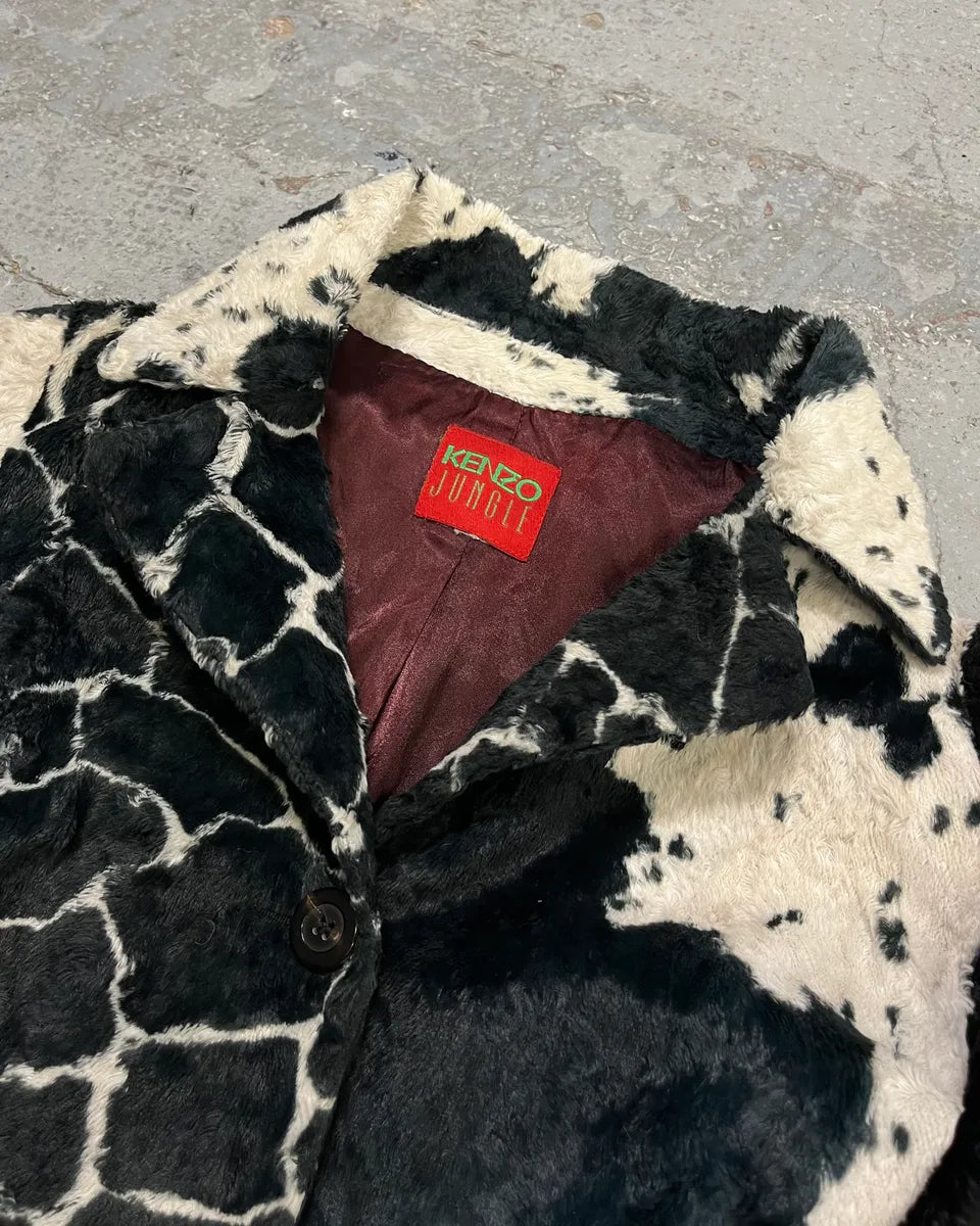 1990s Kenzo Black & Cream Animal Print Faux Fur Blazer Jacket UZXNcWW 4