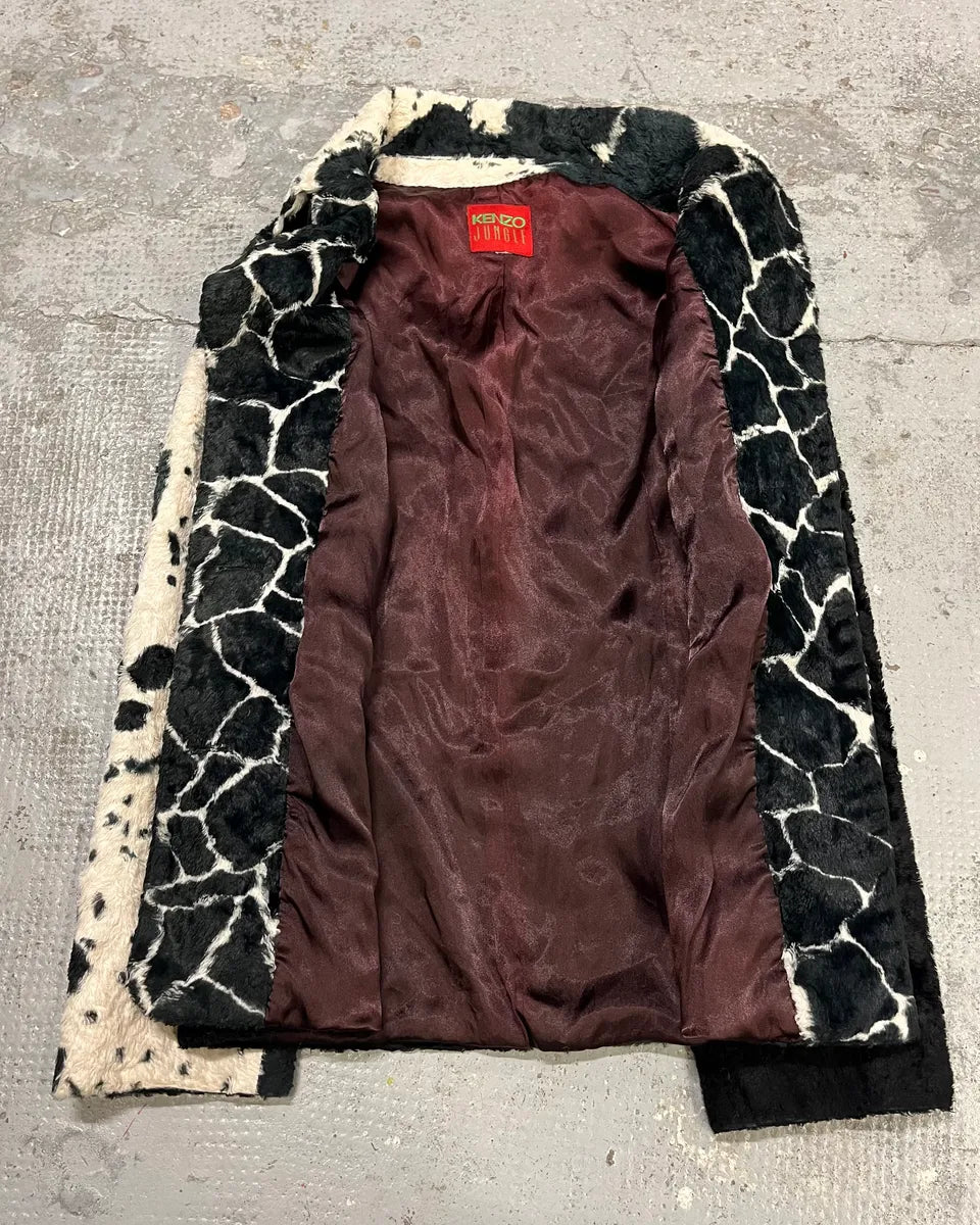 1990s Kenzo Black & Cream Animal Print Faux Fur Blazer Jacket UZXNcWW 7