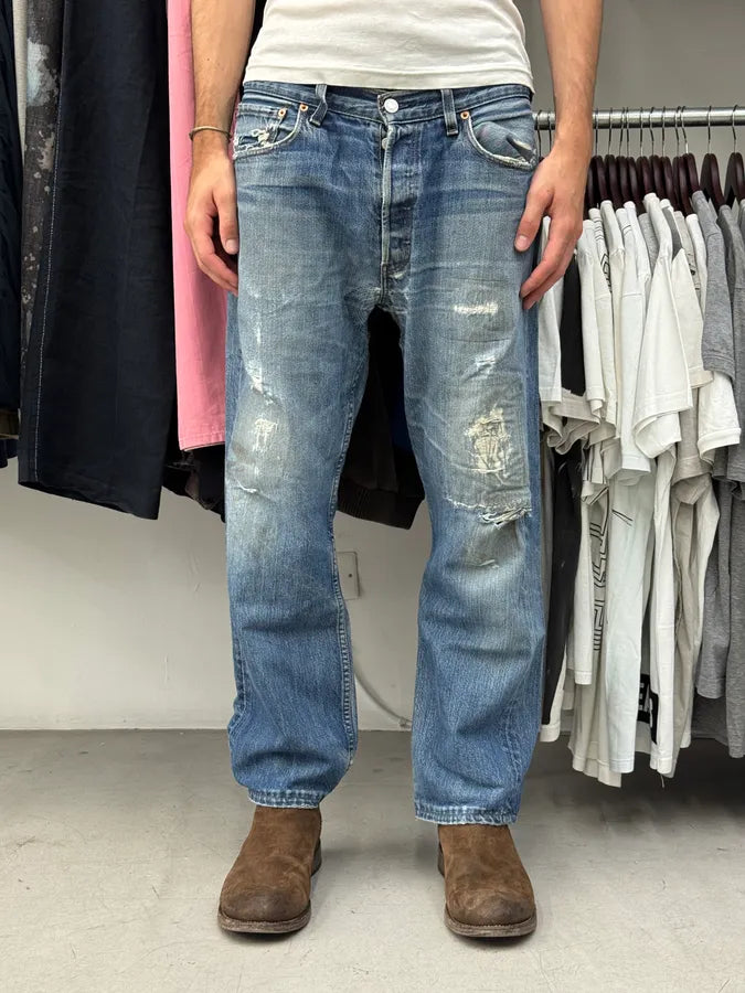 1990s Levi’s 501 Blue Faded Distressed Denim Jeans RlpWQSk 0