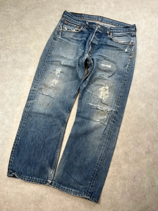 1990s Levi’s 501 Blue Faded Distressed Denim Jeans RlpWQSk 4