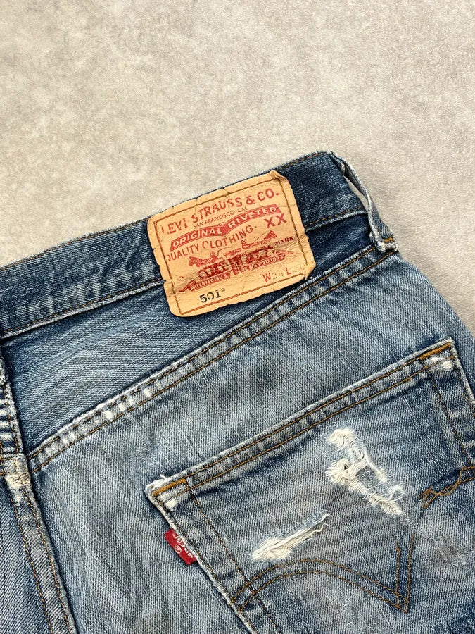 1990s Levi’s 501 Blue Faded Distressed Denim Jeans RlpWQSk 9