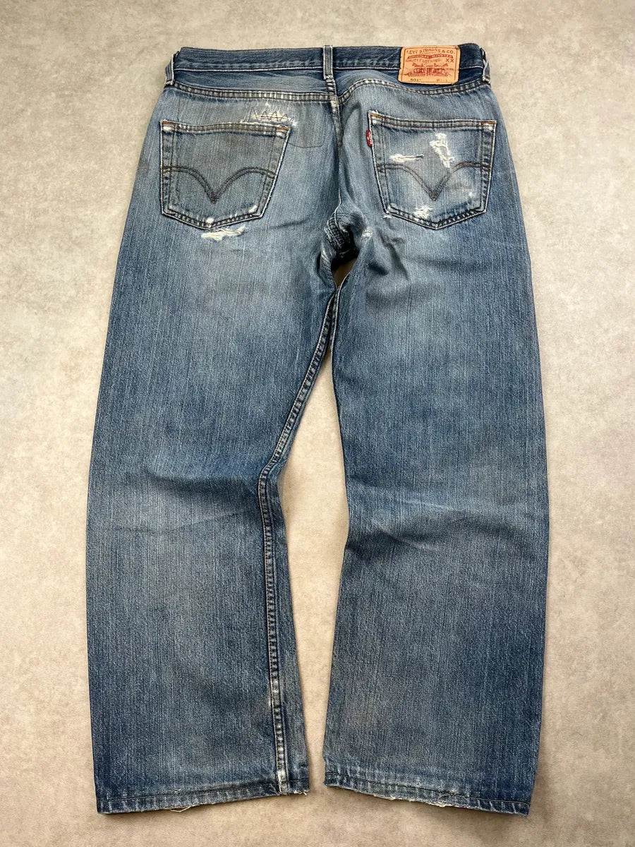 1990s Levi’s 501 Blue Faded Distressed Denim Jeans RlpWQSk 5