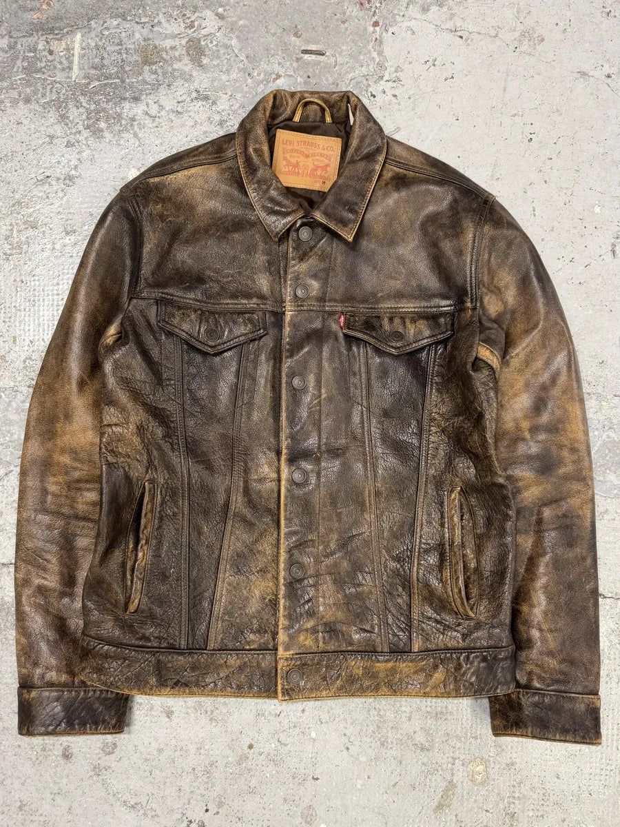 1990s Levi’s Brown Buttoned Eroded Leather Jacket csqvefW 0