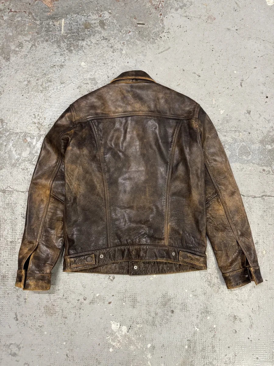 1990s Levi’s Brown Buttoned Eroded Leather Jacket csqvefW 1