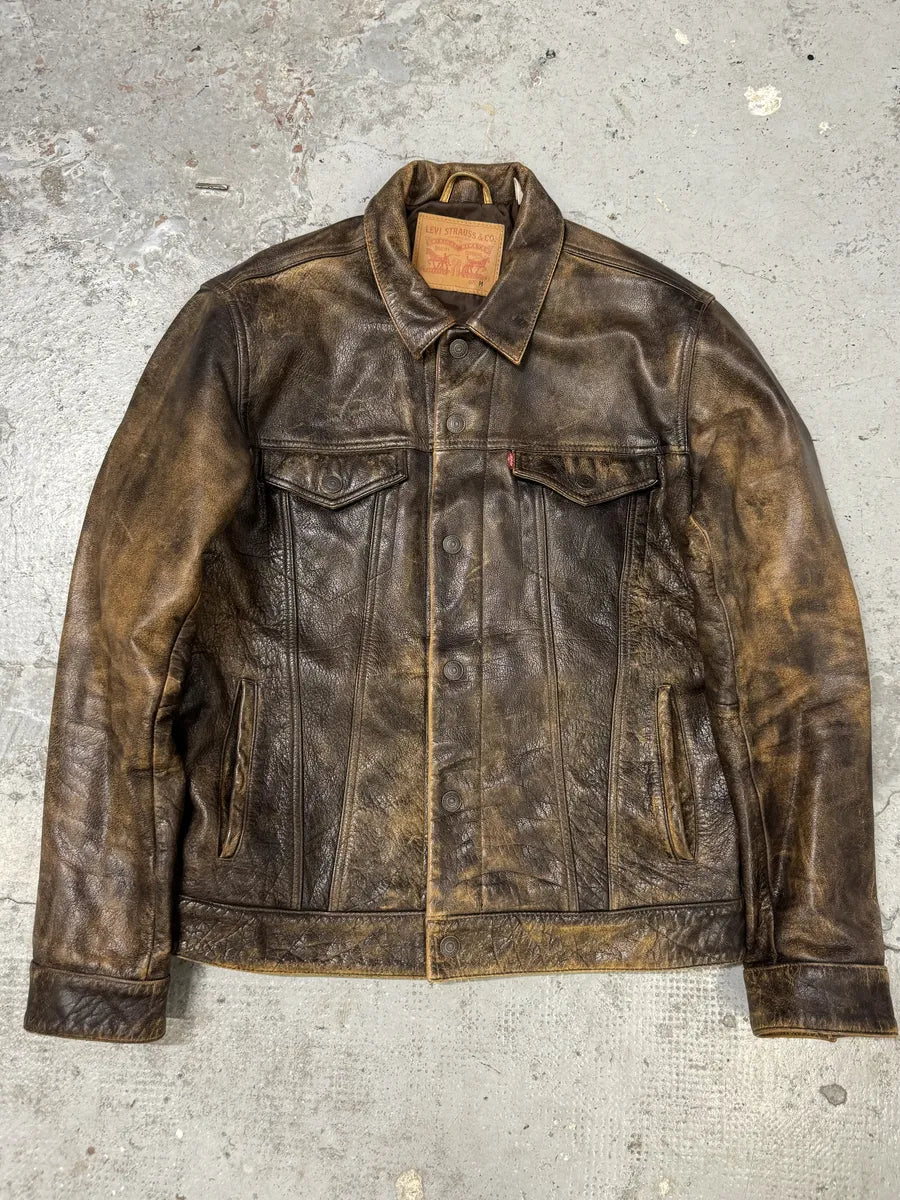 1990s Levi’s Brown Buttoned Eroded Leather Jacket csqvefW 3