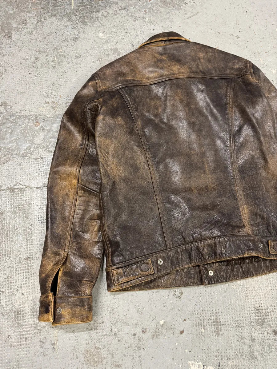 1990s Levi’s Brown Buttoned Eroded Leather Jacket csqvefW 4