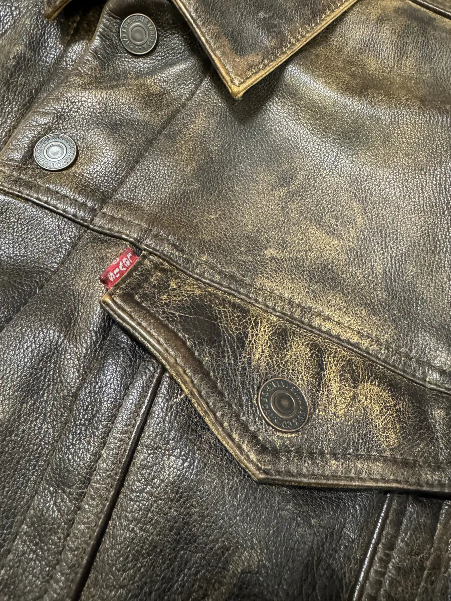 1990s Levi’s Brown Buttoned Eroded Leather Jacket csqvefW 5