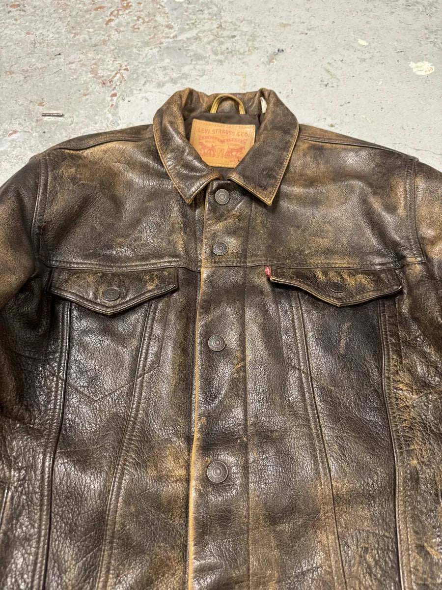 1990s Levi’s Brown Buttoned Eroded Leather Jacket csqvefW 6