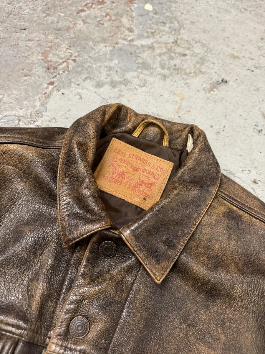 1990s Levi’s Brown Buttoned Eroded Leather Jacket csqvefW 7