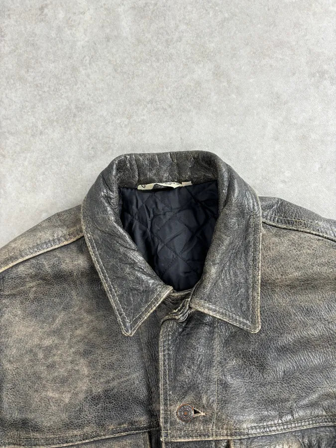 1990s Levi’s Grey Eroded Leather Buttoned Trucker Jacket DbNzQKr 6