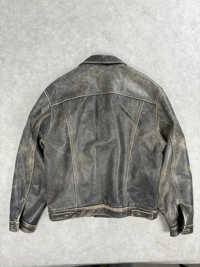 1990s Levi’s Grey Eroded Leather Buttoned Trucker Jacket DbNzQKr 4