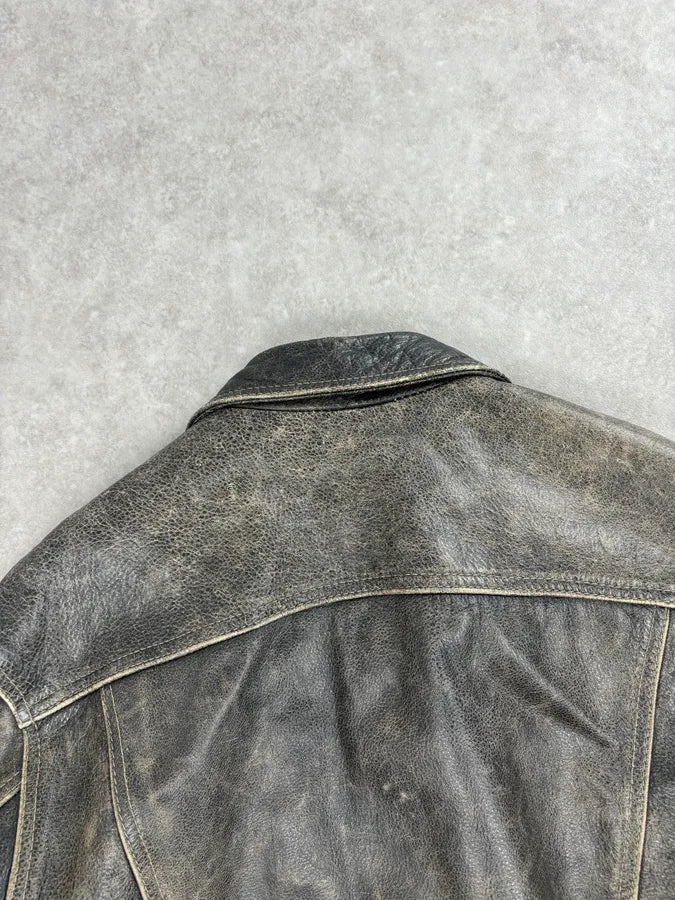 1990s Levi’s Grey Eroded Leather Buttoned Trucker Jacket DbNzQKr 5