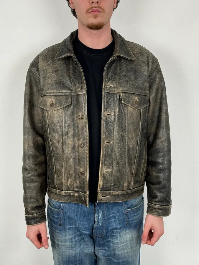 1990s Levi’s Grey Eroded Leather Buttoned Trucker Jacket DbNzQKr 1
