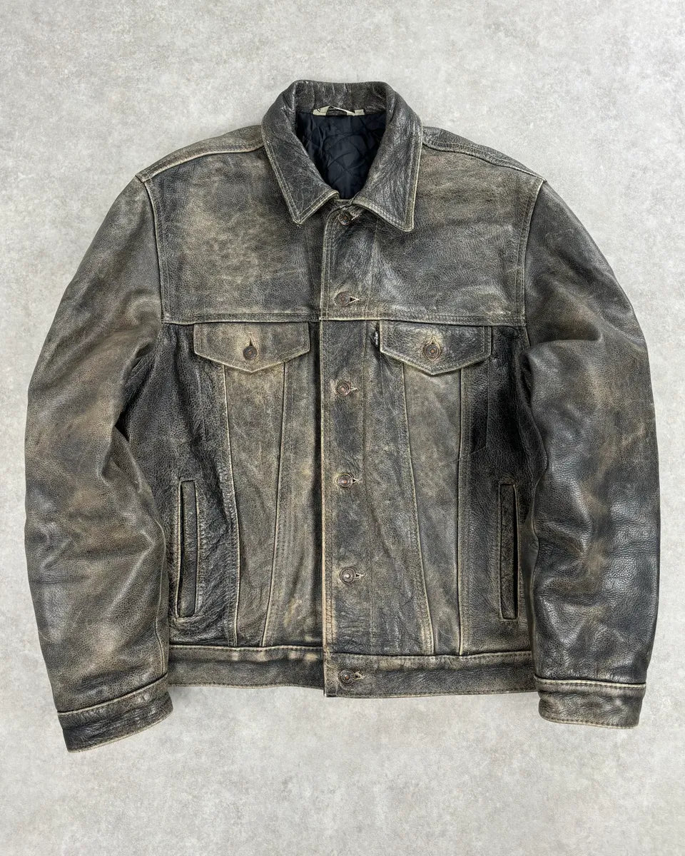 1990s Levi’s Grey Eroded Leather Buttoned Trucker Jacket DbNzQKr 0