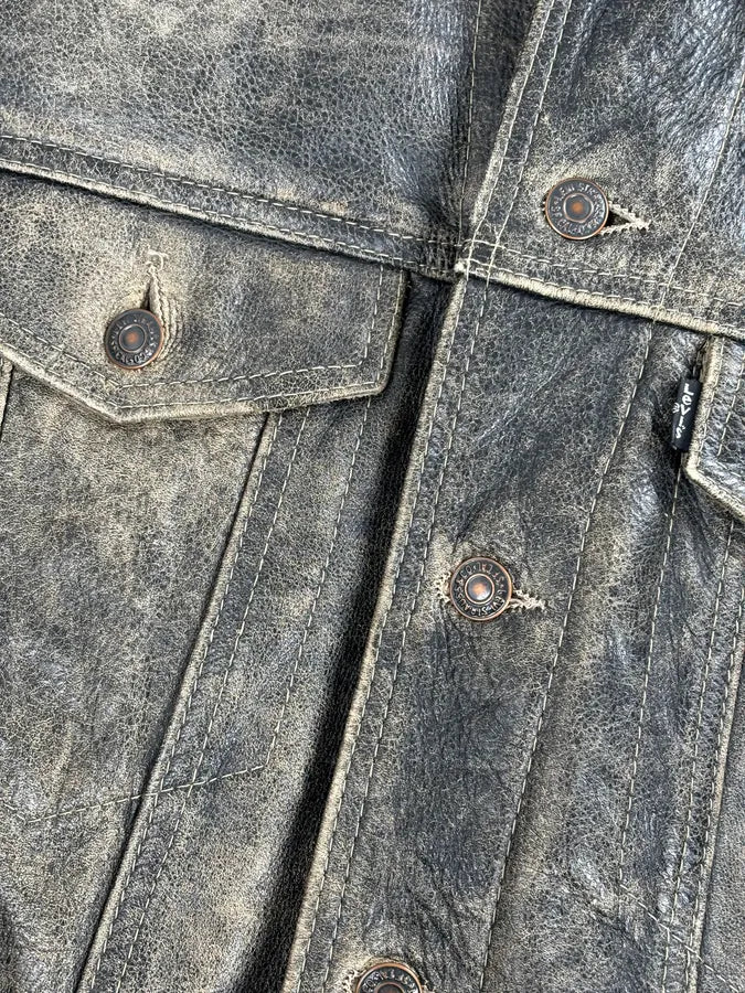 1990s Levi’s Grey Eroded Leather Buttoned Trucker Jacket DbNzQKr 9