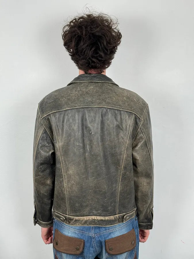 1990s Levi’s Grey Eroded Leather Buttoned Trucker Jacket DbNzQKr 2