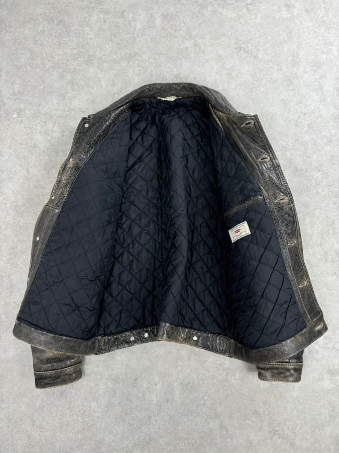 1990s Levi’s Grey Eroded Leather Buttoned Trucker Jacket DbNzQKr 7