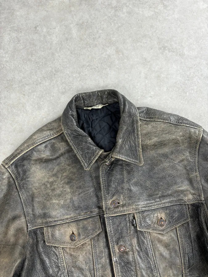 1990s Levi’s Grey Eroded Leather Buttoned Trucker Jacket DbNzQKr 3
