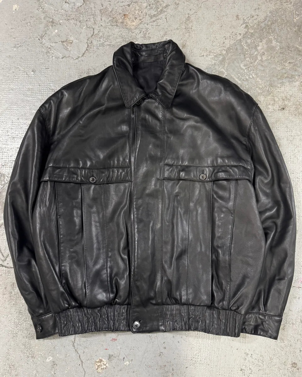 1990s Loewe Black Leather Bomber Jacket (L) 0