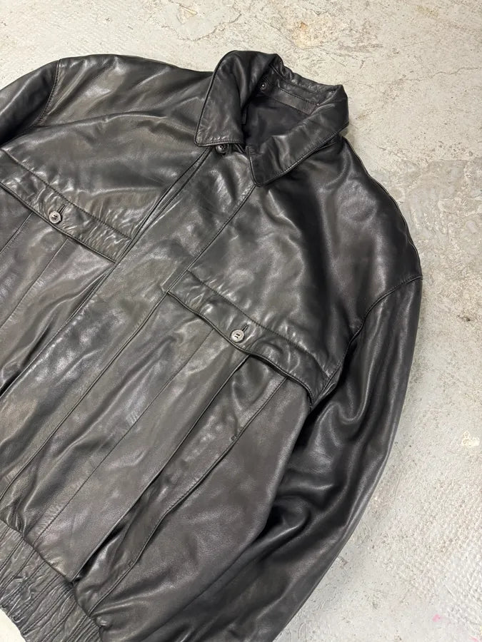 1990s Loewe Black Leather Bomber Jacket (L) 1