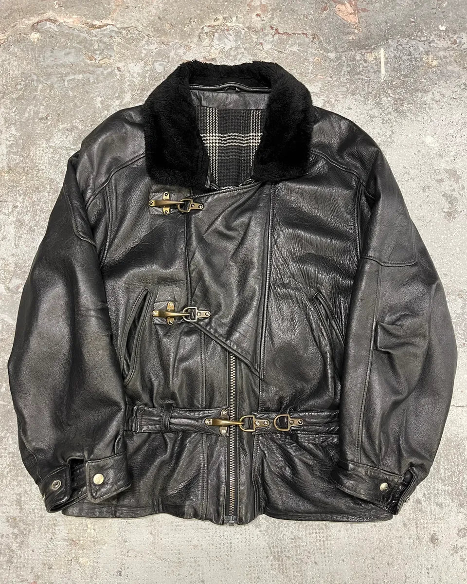 1990s Mac Douglas Aviator Metal Clasp Black Leather Jacket (M/L) 0