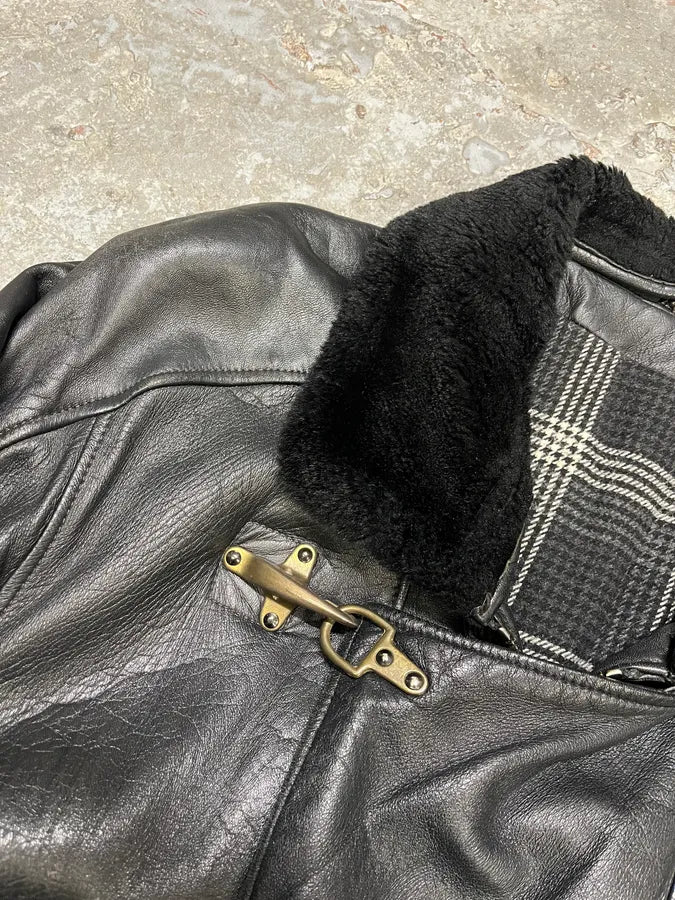 1990s Mac Douglas Aviator Metal Clasp Black Leather Jacket (M/L) 1