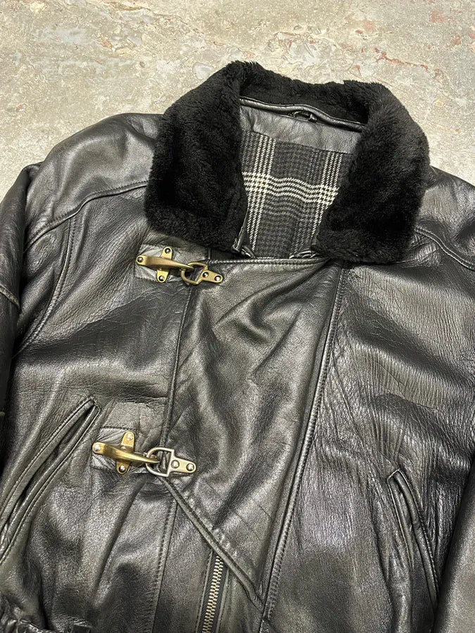 1990s Mac Douglas Aviator Metal Clasp Black Leather Jacket (M/L) 2
