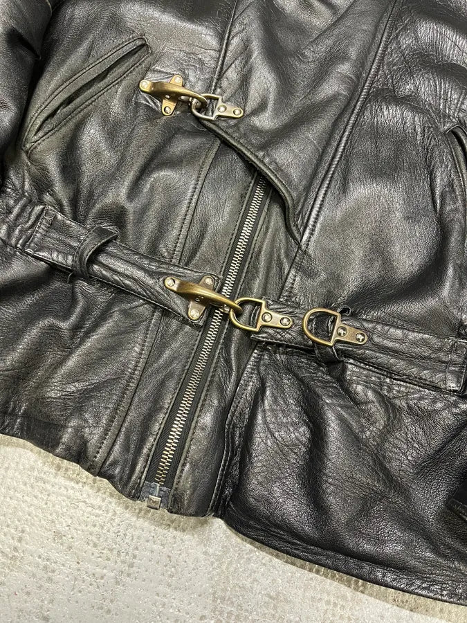 1990s Mac Douglas Aviator Metal Clasp Black Leather Jacket (M/L) 3