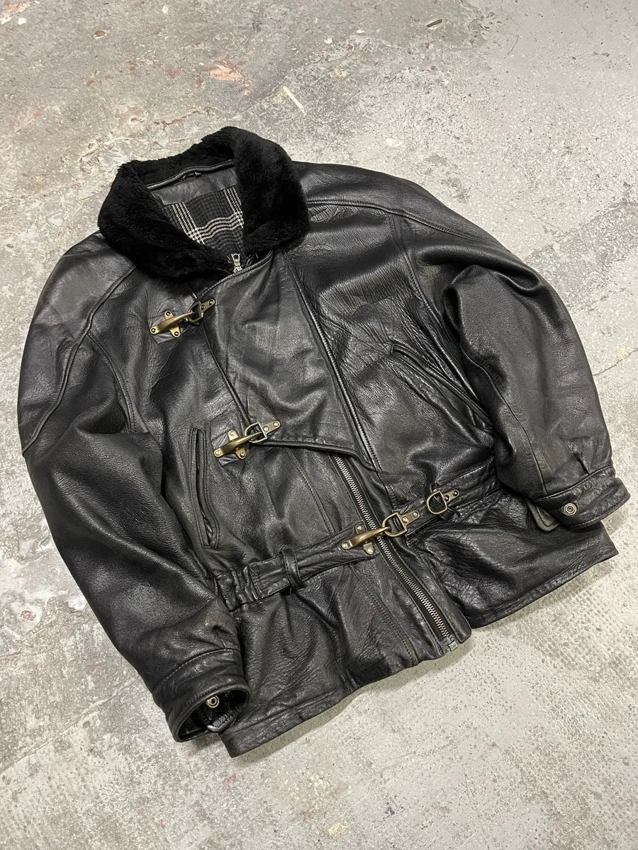 1990s Mac Douglas Aviator Metal Clasp Black Leather Jacket (M/L) 5