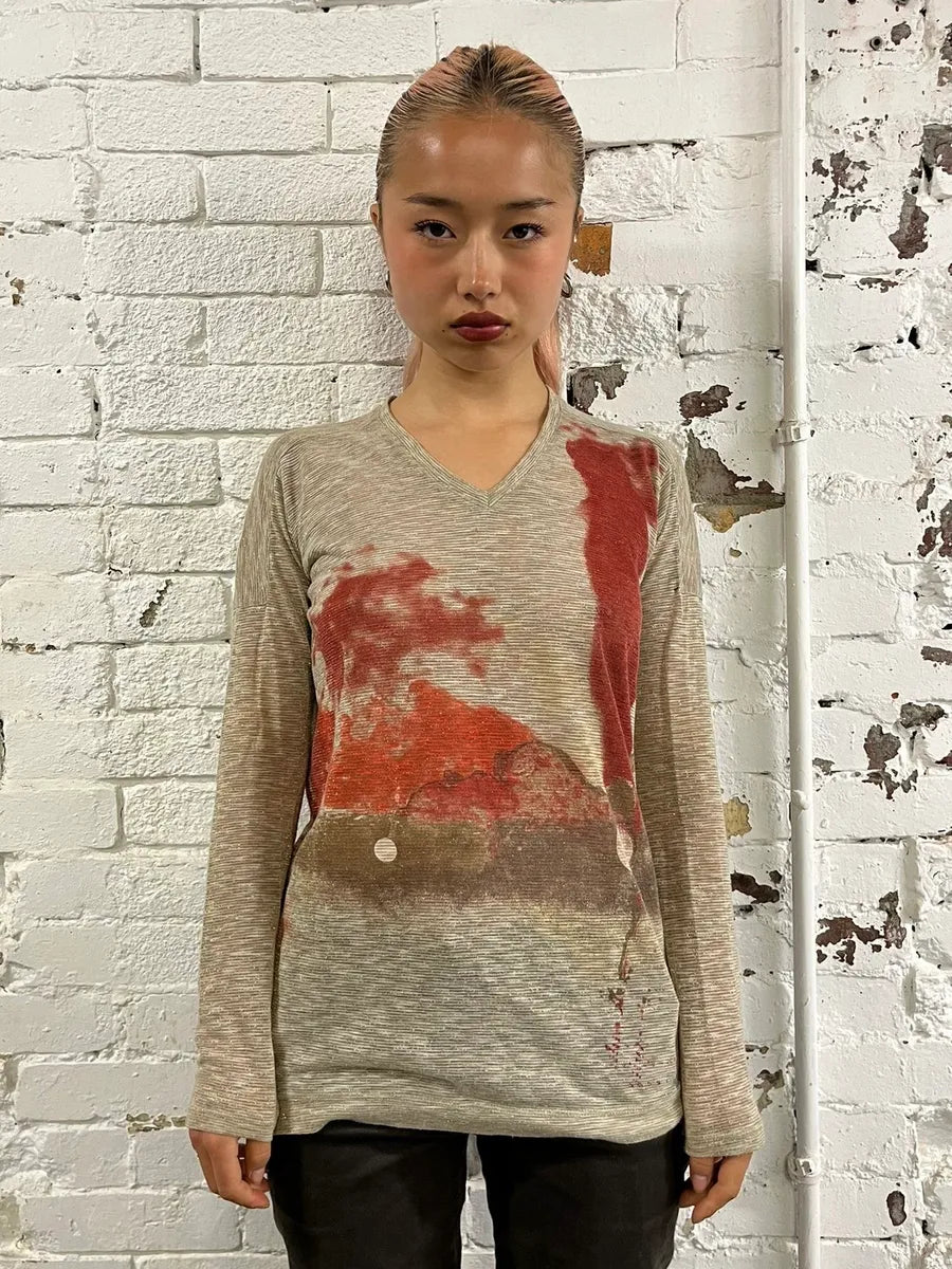 1990s Marithé + François Girbaud Beige V-Neck Longsleeve T-Shirt pkEMlWP 0