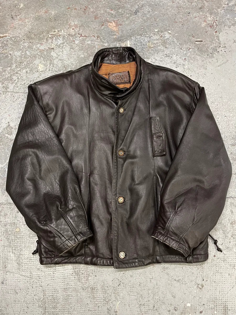 1990s Marithé + François Girbaud Black Leather Buttoned Bomber Jacket (XL) hmIxOjH 0