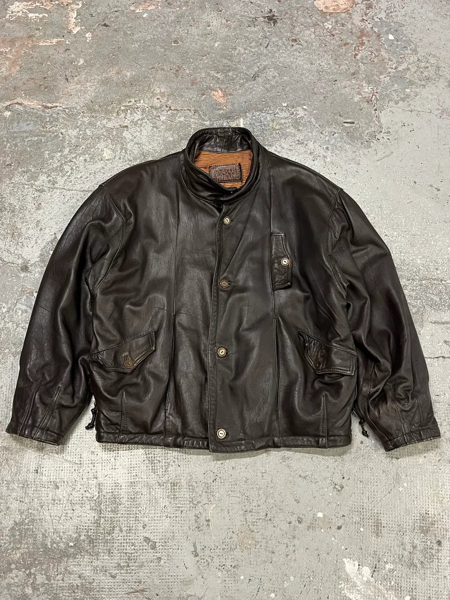 1990s Marithé + François Girbaud Black Leather Buttoned Bomber Jacket (XL) hmIxOjH 1