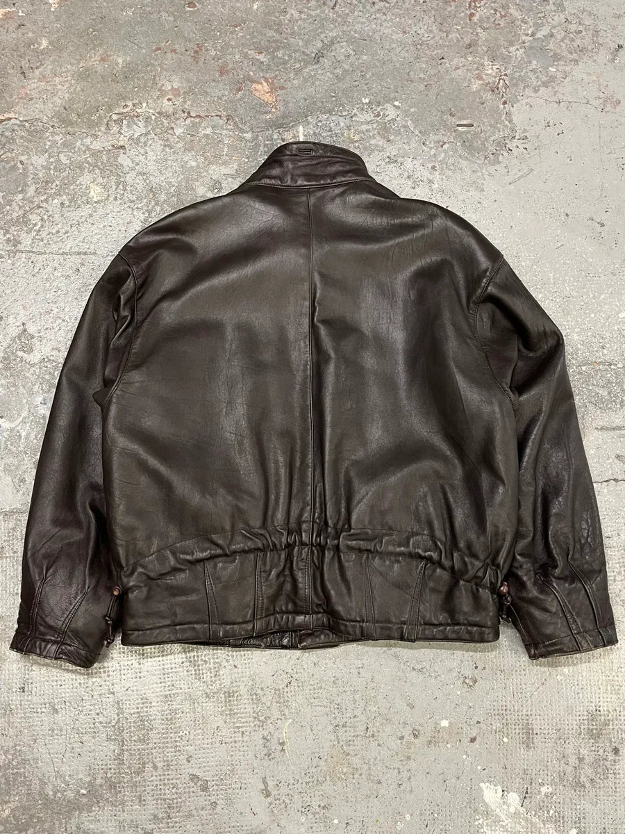 1990s Marithé + François Girbaud Black Leather Buttoned Bomber Jacket (XL) hmIxOjH 2