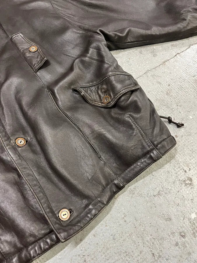 1990s Marithé + François Girbaud Black Leather Buttoned Bomber Jacket (XL) hmIxOjH 3