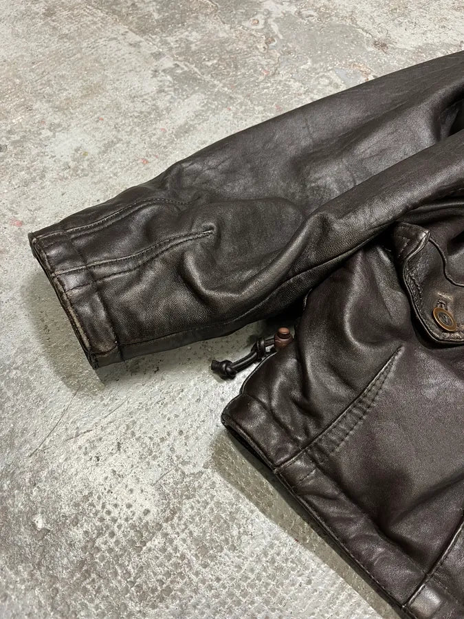 1990s Marithé + François Girbaud Black Leather Buttoned Bomber Jacket (XL) hmIxOjH 4