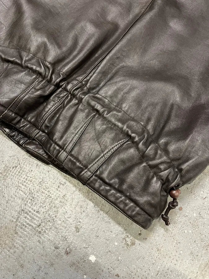 1990s Marithé + François Girbaud Black Leather Buttoned Bomber Jacket (XL) hmIxOjH 5