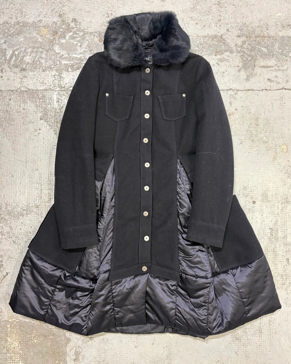 1990s Marithé + François Girbaud Navy Wool Quilted Fur Collar Long Coat OEFQTYR 0