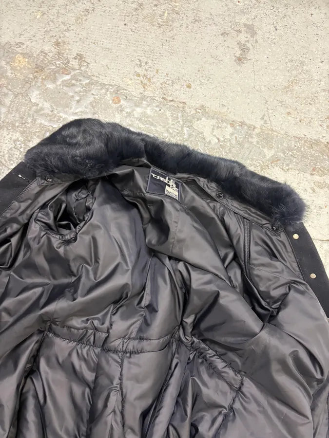 1990s Marithé + François Girbaud Navy Wool Quilted Fur Collar Long Coat OEFQTYR 7