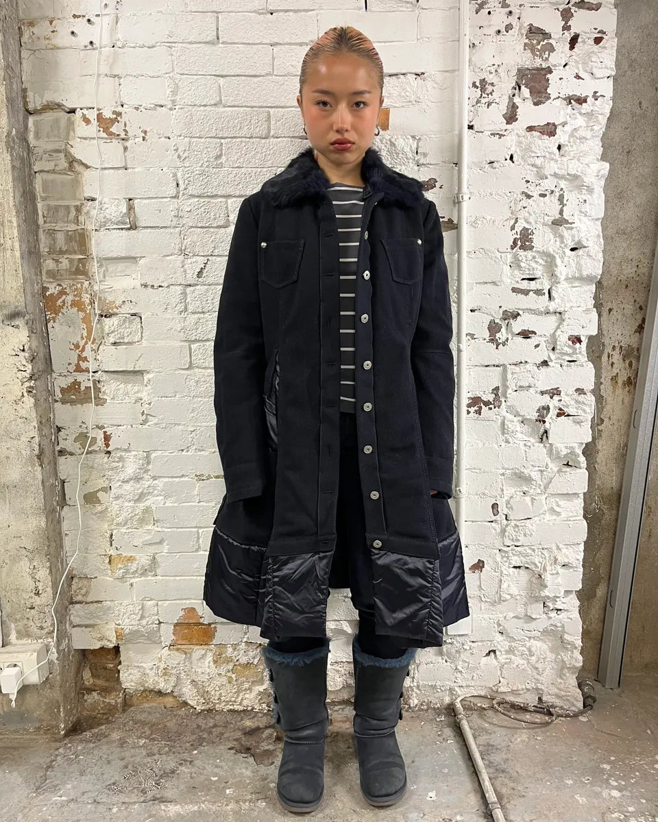 1990s Marithé + François Girbaud Navy Wool Quilted Fur Collar Long Coat OEFQTYR 1