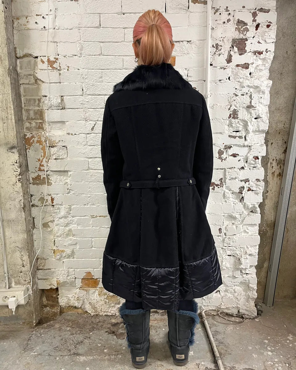 1990s Marithé + François Girbaud Navy Wool Quilted Fur Collar Long Coat OEFQTYR 2