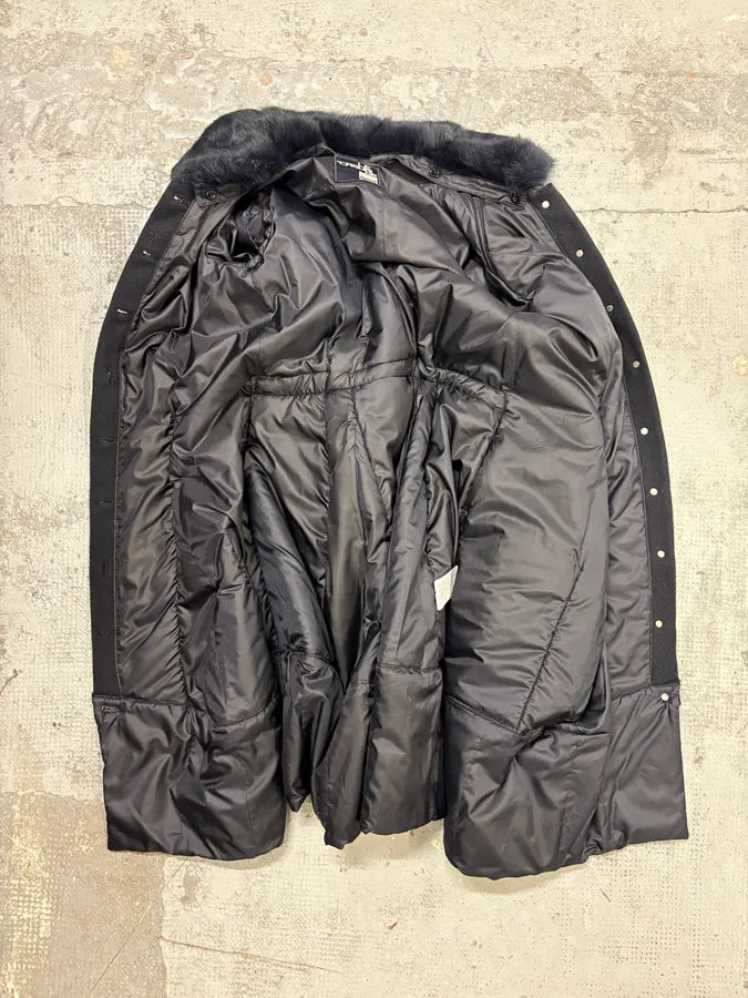 1990s Marithé + François Girbaud Navy Wool Quilted Fur Collar Long Coat OEFQTYR 6