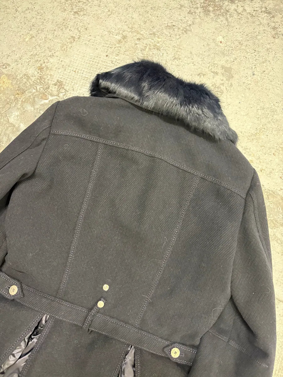 1990s Marithé + François Girbaud Navy Wool Quilted Fur Collar Long Coat OEFQTYR 5