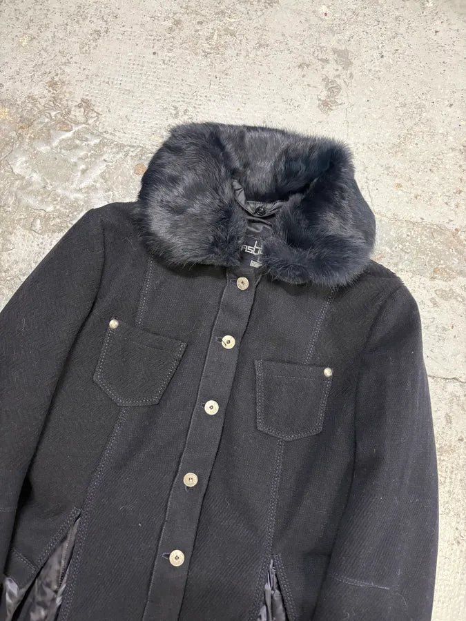 1990s Marithé + François Girbaud Navy Wool Quilted Fur Collar Long Coat OEFQTYR 3