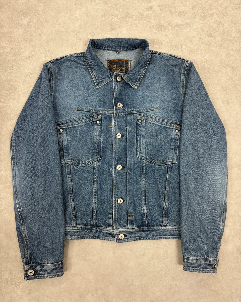 1990s Marithé + François Girbaud Blue Structured Denim Jacket zgkdBSQ 0