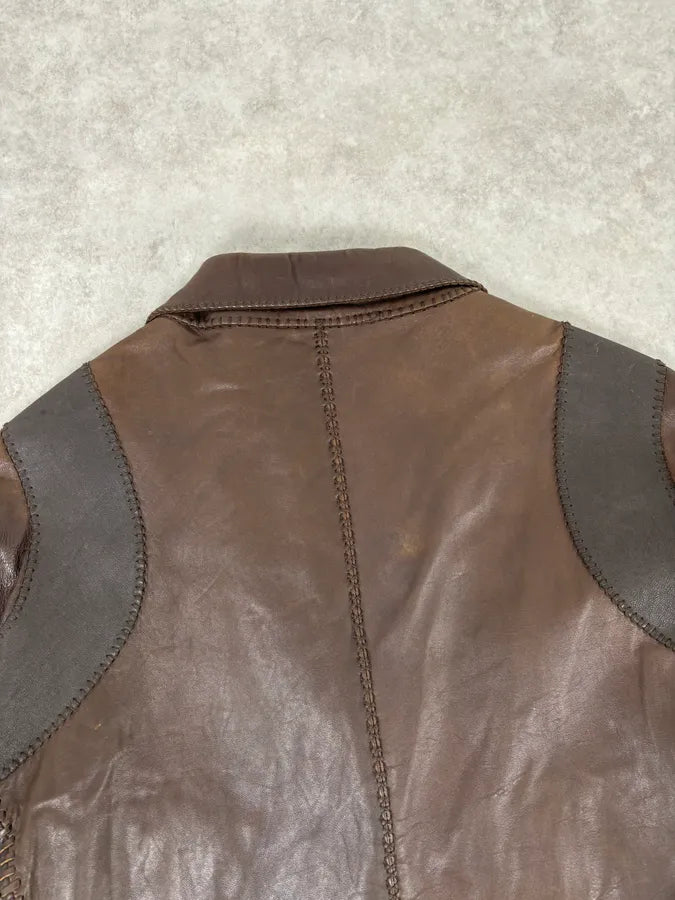 SS2003 Marithé + François Girbaud Brown Leather Plissed Blazer Jacket HukcOLp 6