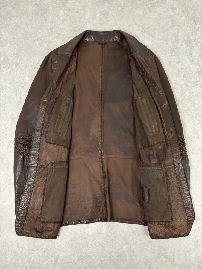 SS2003 Marithé + François Girbaud Brown Leather Plissed Blazer Jacket HukcOLp 7