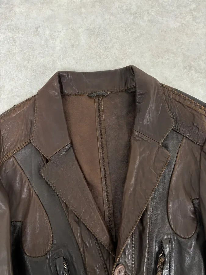 SS2003 Marithé + François Girbaud Brown Leather Plissed Blazer Jacket HukcOLp 4