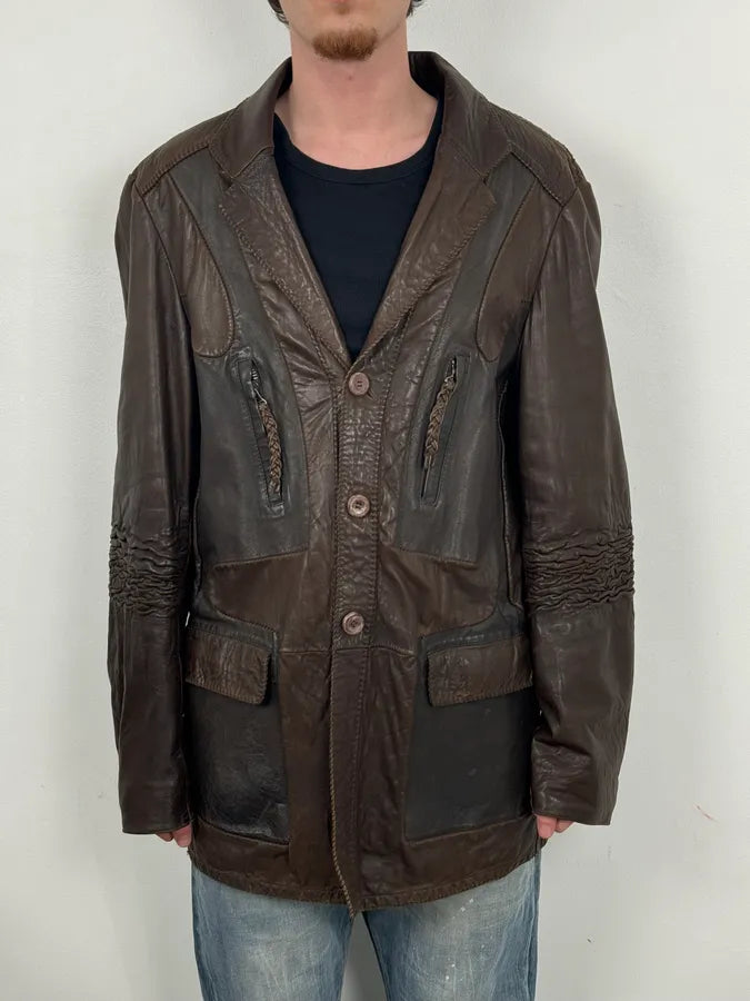 SS2003 Marithé + François Girbaud Brown Leather Plissed Blazer Jacket HukcOLp 2