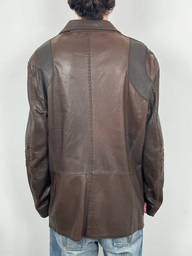 SS2003 Marithé + François Girbaud Brown Leather Plissed Blazer Jacket HukcOLp 3